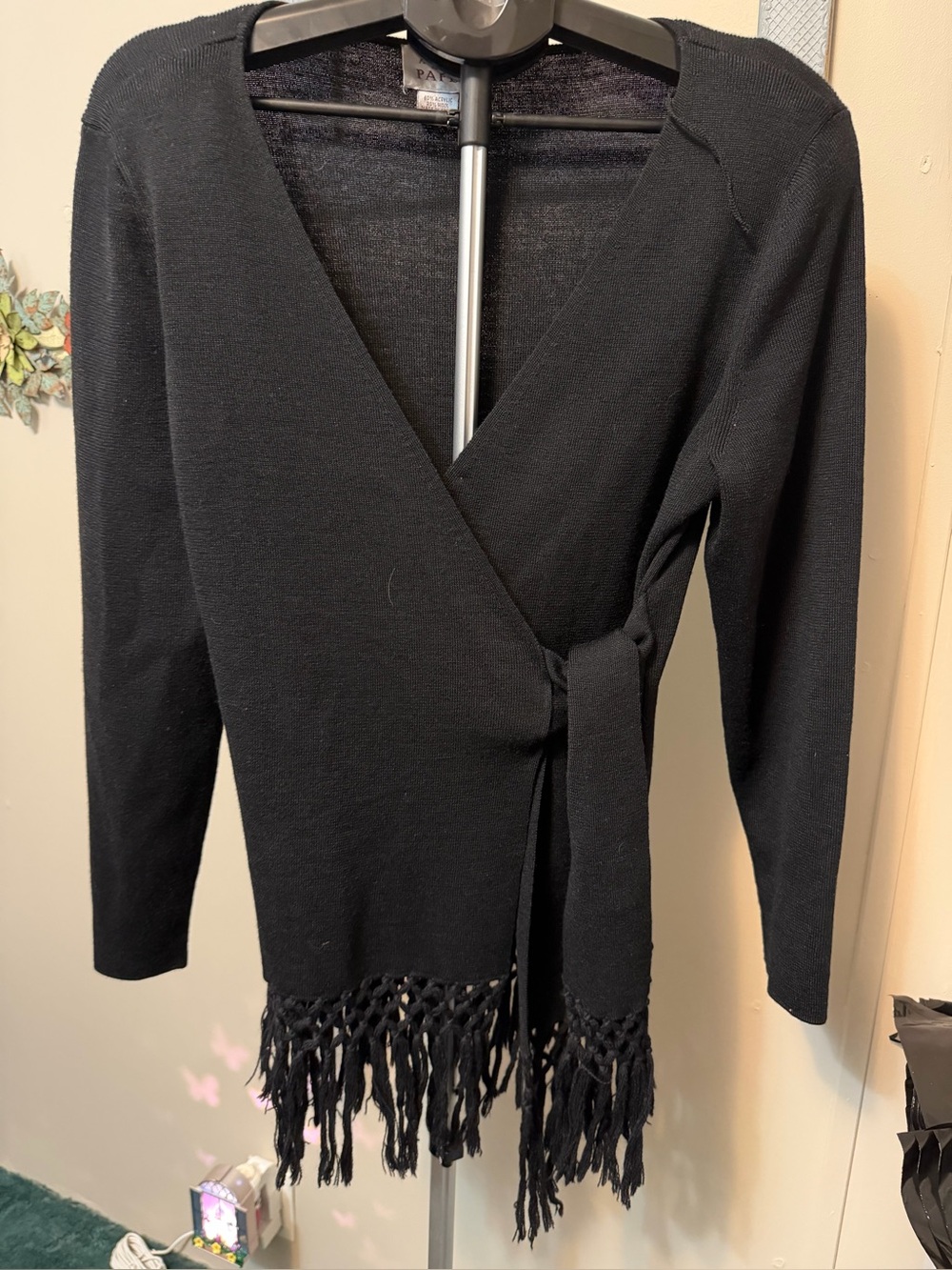 Adrianna Papell Black Wrap Fringe Trim Sweater Knit Size L Wool Blend
